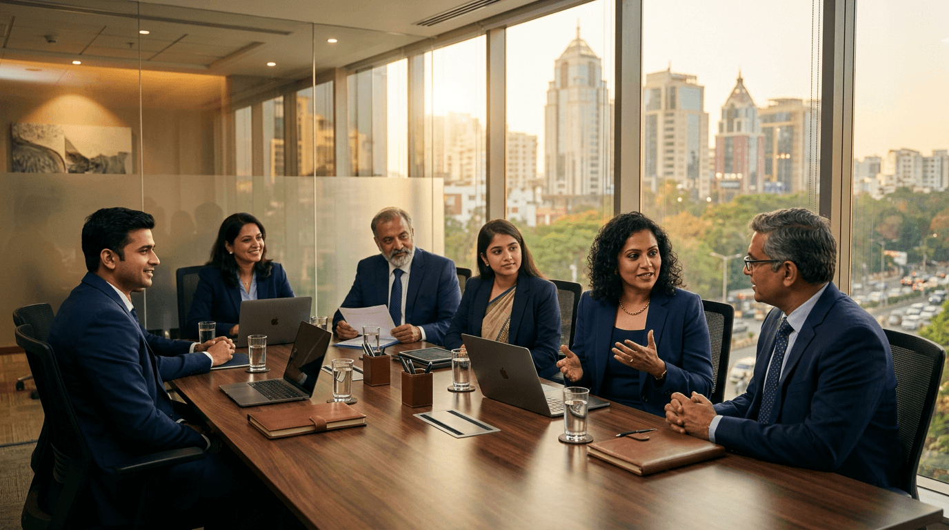 Leadership team meeting in a modern Bengaluru boardroom at golden hour